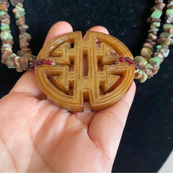 Brown Nephrite Jade Ornate Carved 2.25" Pendant Adjustable Statement Necklace - Picture 5 of 16
